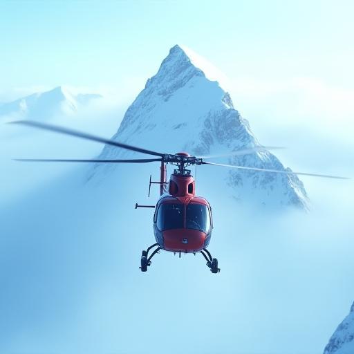 Helikopter vor verschneitem Gipfel
